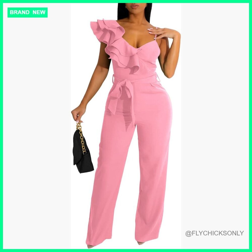 V-Neck Sleeveless Ruffle Backless Belted Wide Leg Jumpsuit Romper